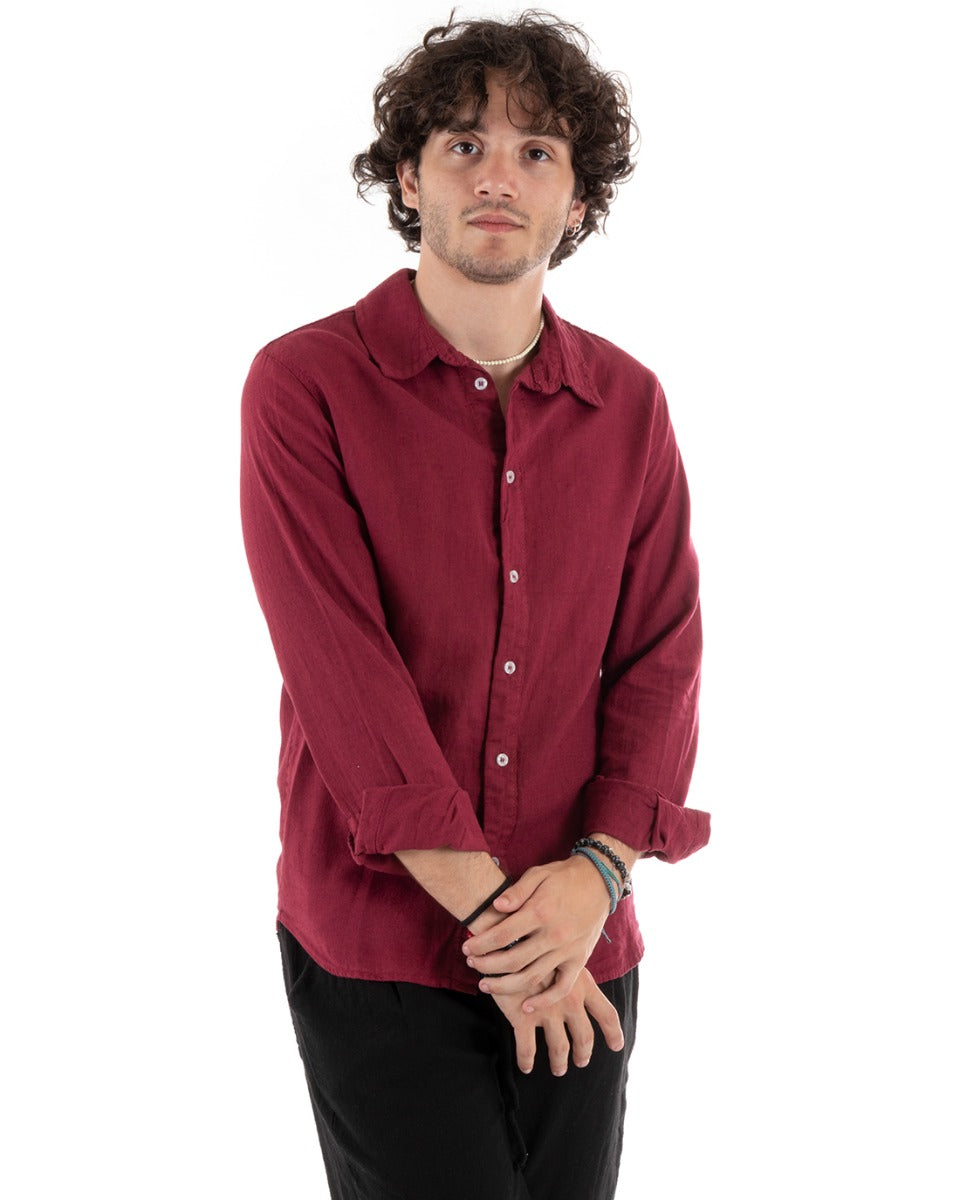 Men's Shirt With Collar Slim Fit Linen Solid Color Long Sleeves Bordeaux GIOSAL-C2764A