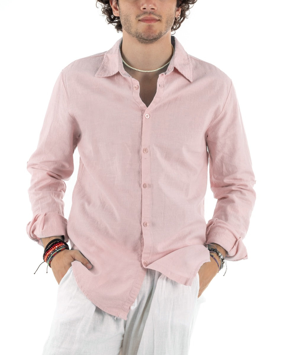 Men's Shirt With Collar Slim Fit Linen Solid Color Long Sleeves Pink GIOSAL-C2765A