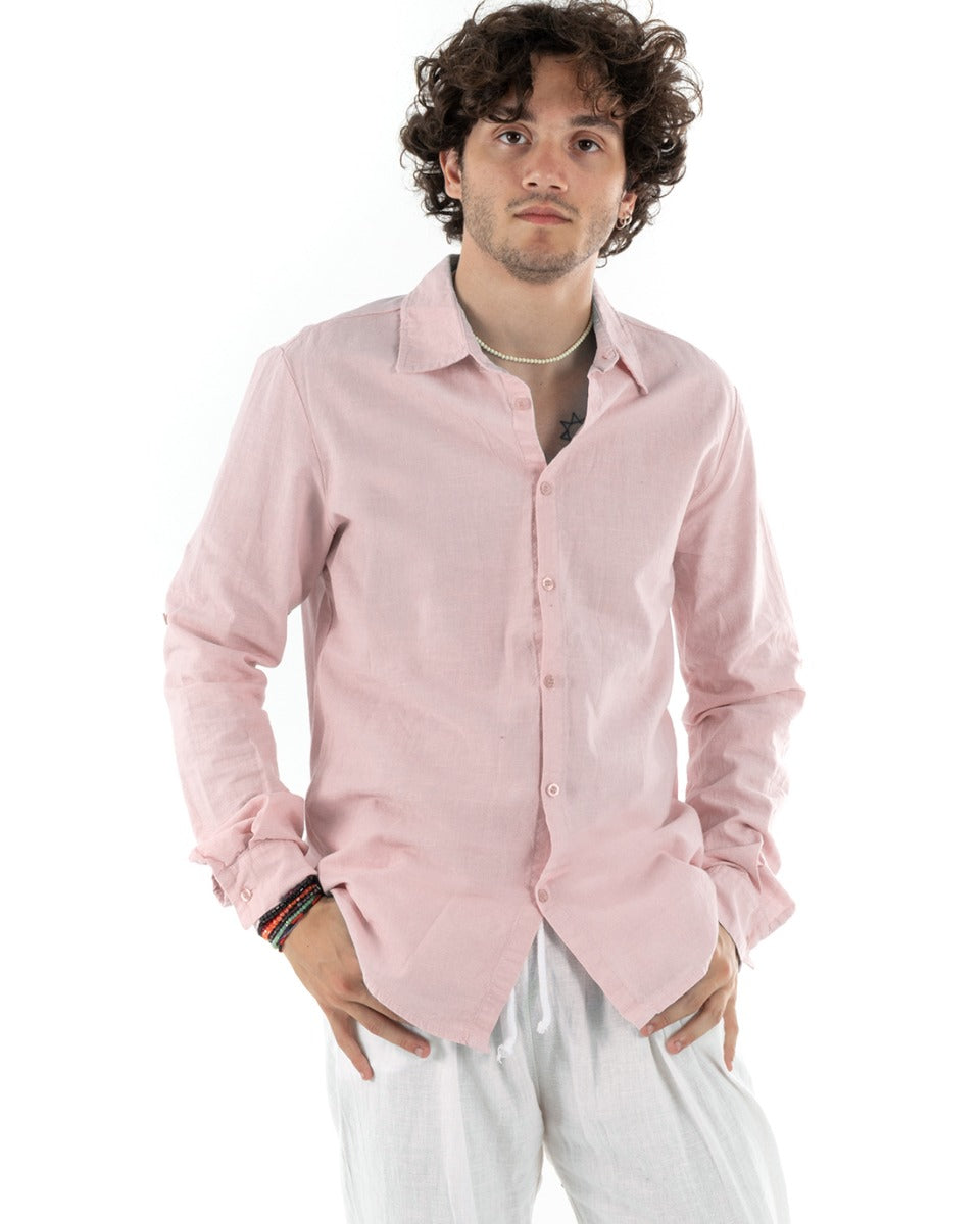 Men's Shirt With Collar Slim Fit Linen Solid Color Long Sleeves Pink GIOSAL-C2765A