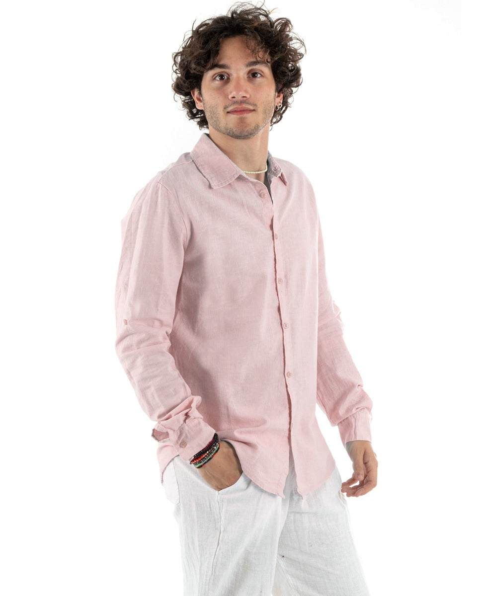 Camicia Uomo Con Colletto Slim Fit Lino Tinta Unita Maniche Lunghe Rosa GIOSAL-C2765A