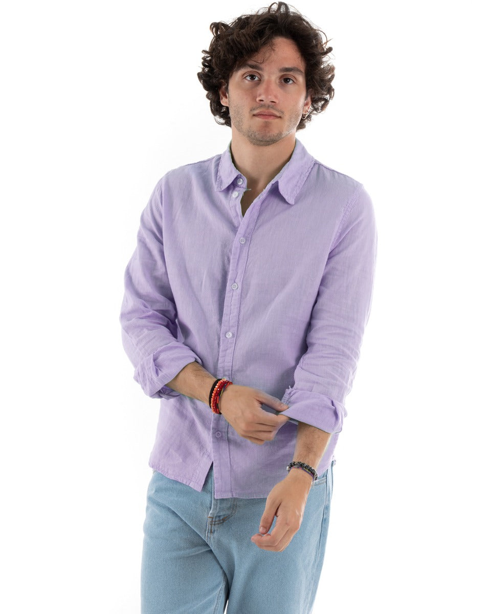 Men's Shirt With Collar Slim Fit Linen Solid Color Long Sleeves Lilac GIOSAL-C2766A
