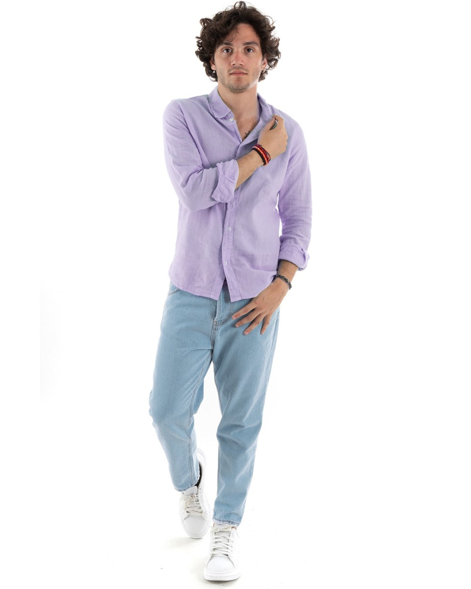 Men's Shirt With Collar Slim Fit Linen Solid Color Long Sleeves Lilac GIOSAL-C2766A