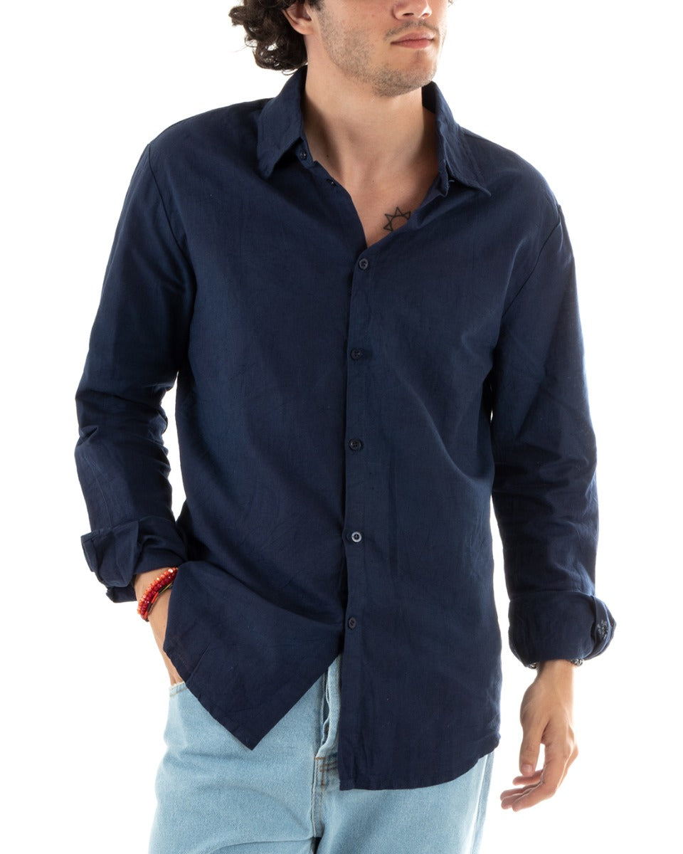Camicia Uomo Con Colletto Slim Fit Lino Tinta Unita Maniche Lunghe Blu GIOSAL-C2767A