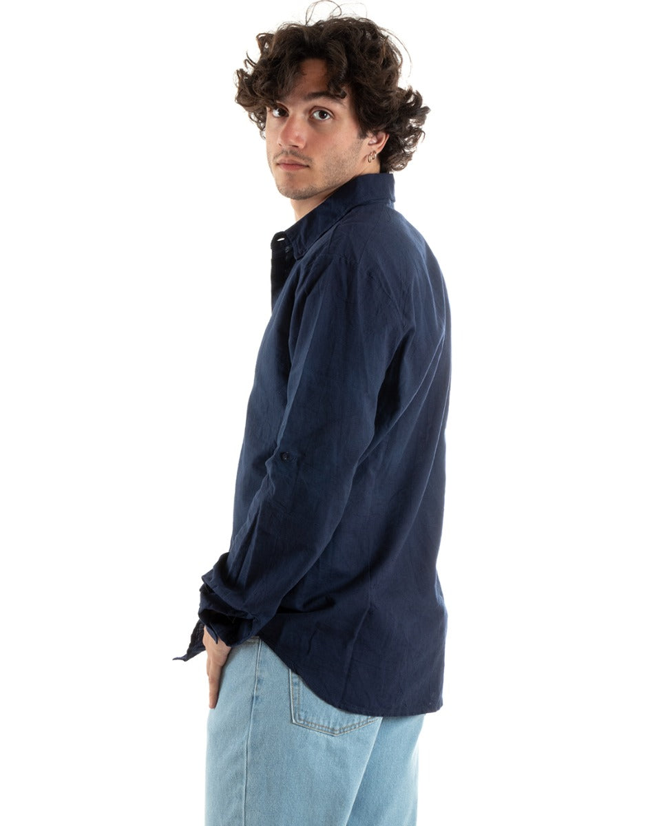Camicia Uomo Con Colletto Slim Fit Lino Tinta Unita Maniche Lunghe Blu GIOSAL-C2767A