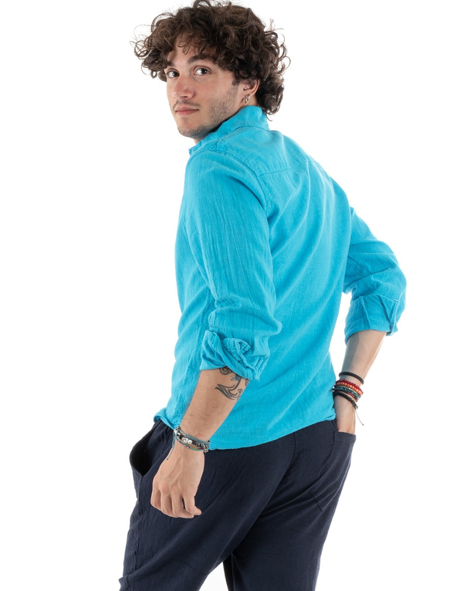 Camicia Uomo Con Colletto Slim Fit Lino Tinta Unita Maniche Lunghe Azzurro GIOSAL-C2768A
