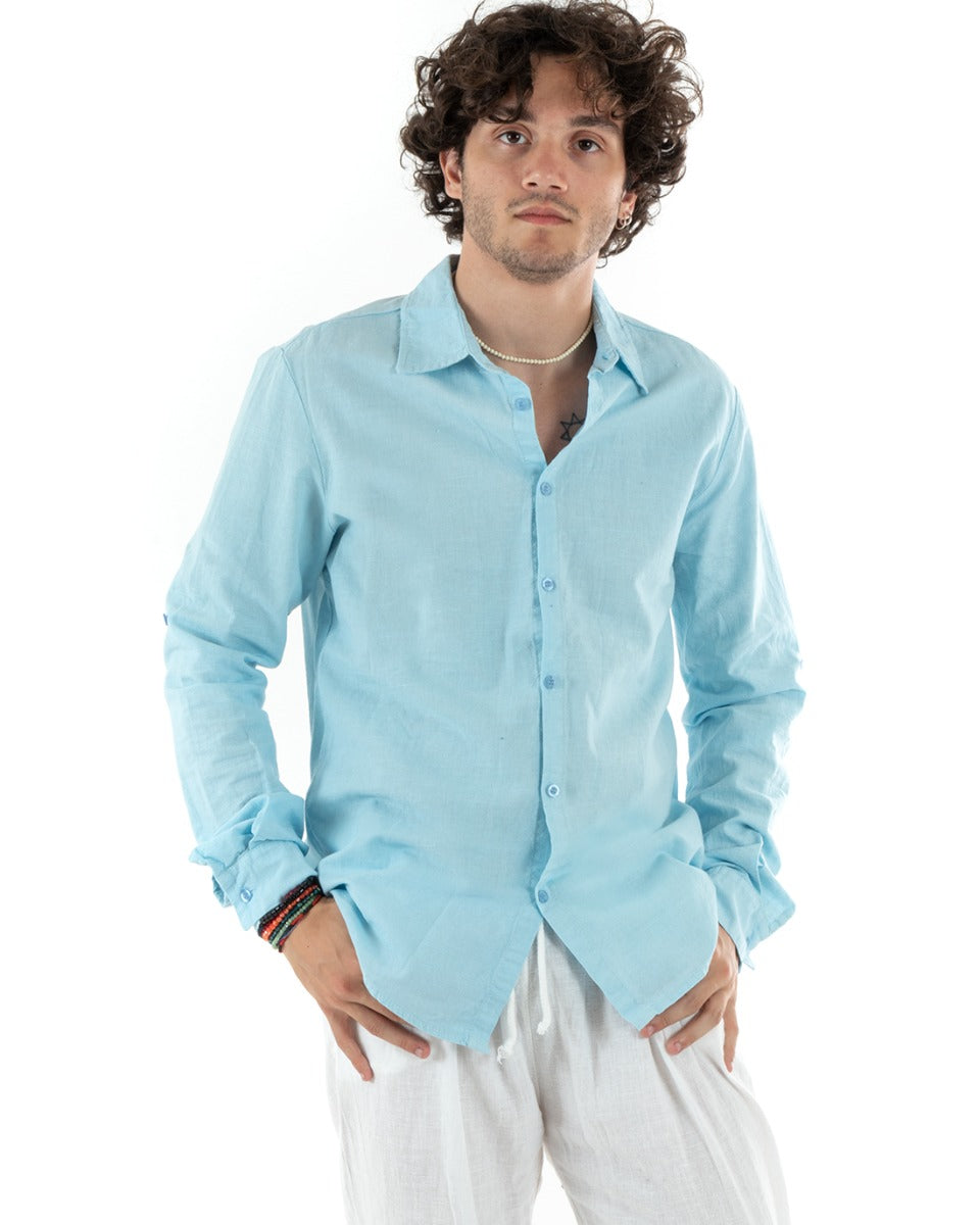 Camicia Uomo Con Colletto Slim Fit Lino Tinta Unita Maniche Lunghe Celeste GIOSAL-C2769A