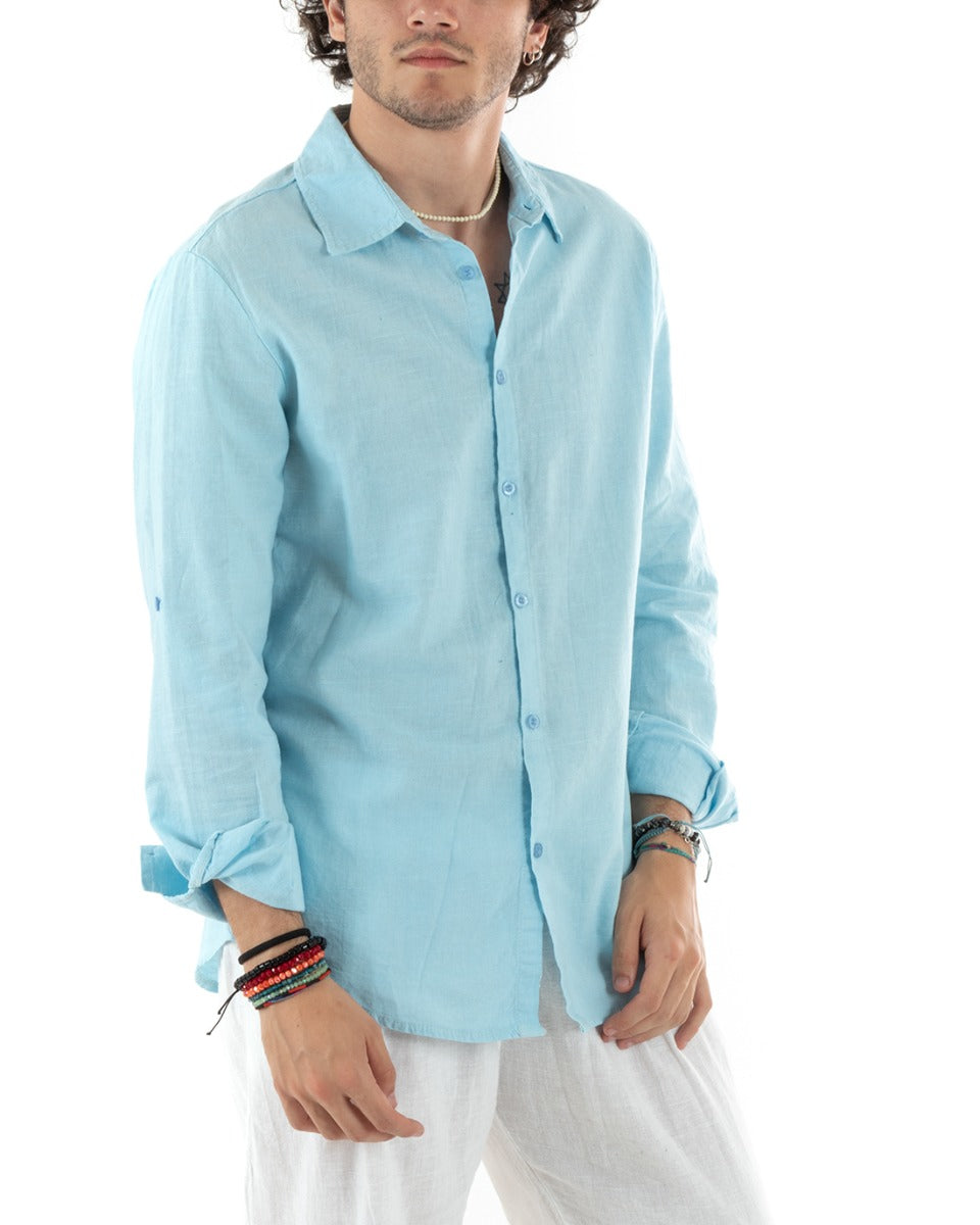 Men's Shirt With Collar Slim Fit Linen Solid Color Long Sleeves Light Blue GIOSAL-C2769A