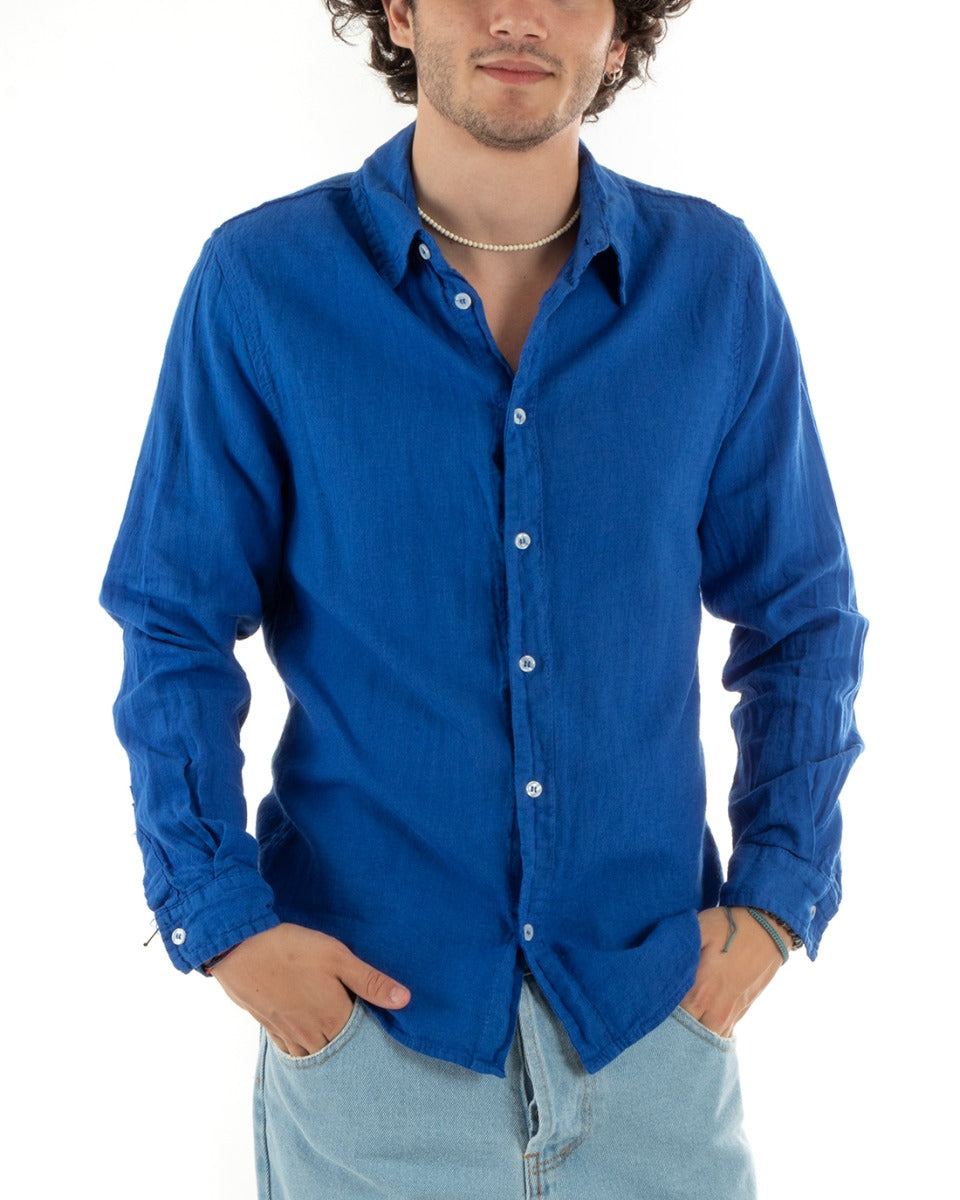Men's Shirt With Collar Slim Fit Linen Solid Color Long Sleeves Royal Blue GIOSAL-C2770A