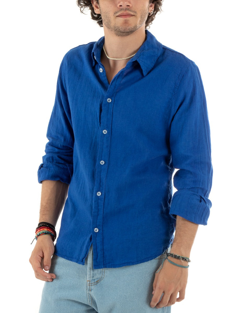 Camicia Uomo Con Colletto Slim Fit Lino Tinta Unita Maniche Lunghe Blu Royal GIOSAL-C2770A