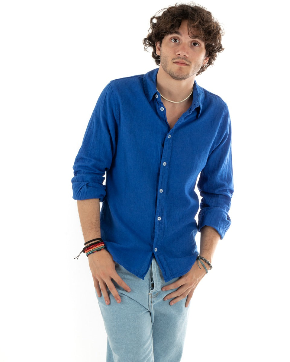 Men's Shirt With Collar Slim Fit Linen Solid Color Long Sleeves Royal Blue GIOSAL-C2770A