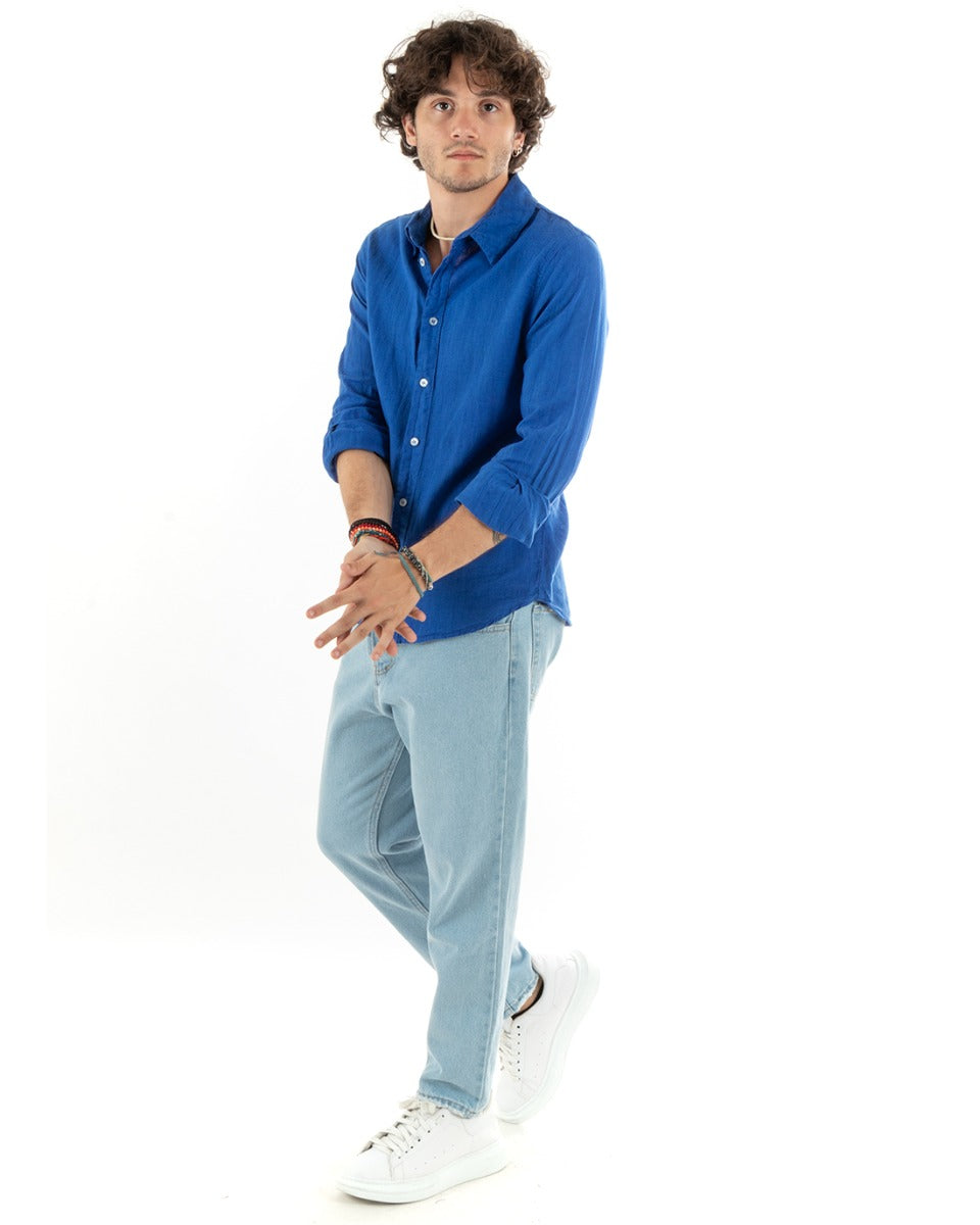 Camicia Uomo Con Colletto Slim Fit Lino Tinta Unita Maniche Lunghe Blu Royal GIOSAL-C2770A