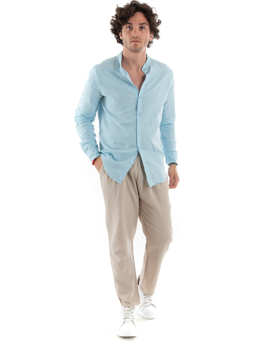Men's Mandarin Collar Shirt Slim Fit Linen Solid Color Long Sleeves Light Blue GIOSAL-C2771A