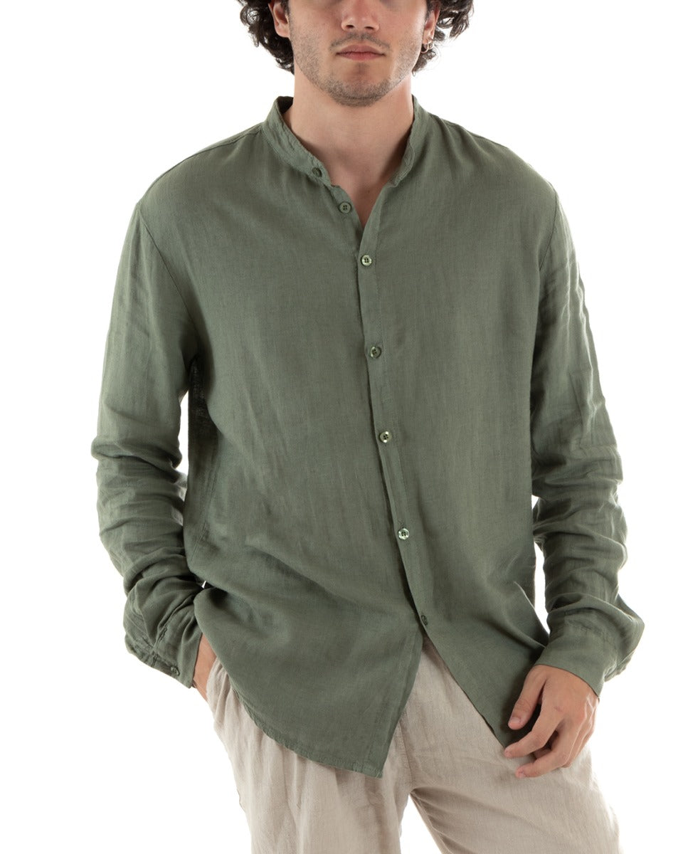 Camicia Uomo Collo Coreano Slim Fit Lino Tinta Unita Maniche Lunghe Verde GIOSAL-C2773A