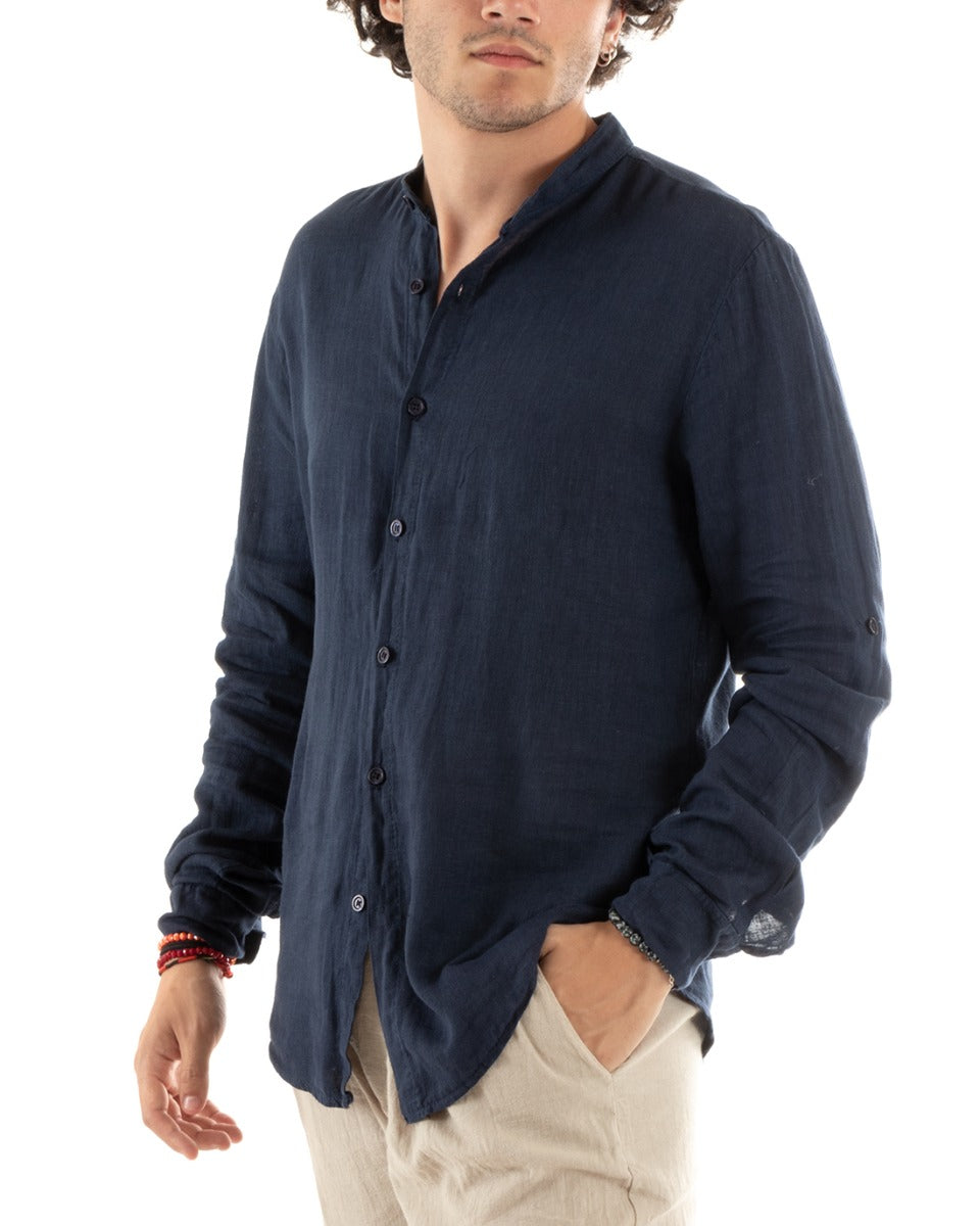 Men's Mandarin Collar Slim Fit Linen Shirt Solid Color Long Sleeves Blue GIOSAL-C2774A