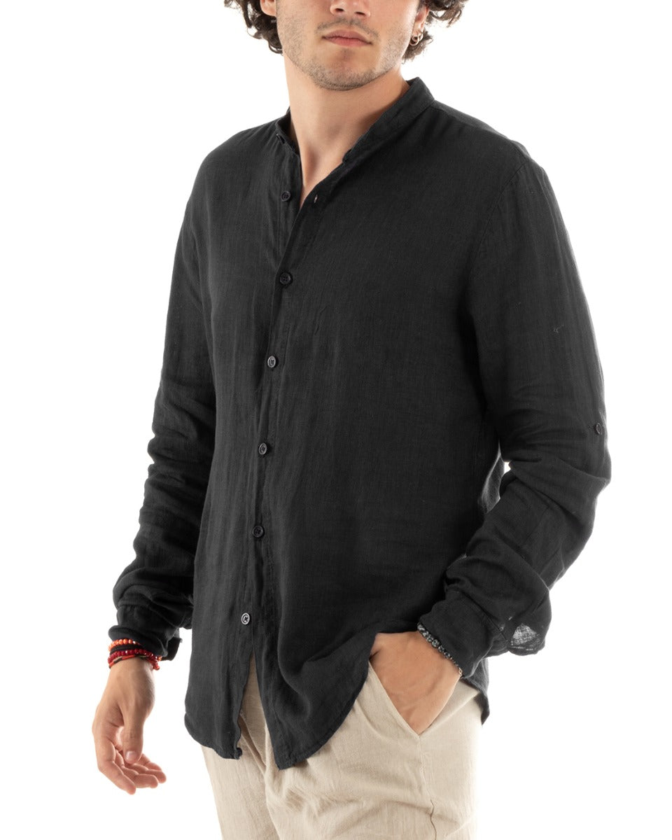 Men's Mandarin Collar Slim Fit Linen Shirt Solid Color Long Sleeves Black GIOSAL-C2775A