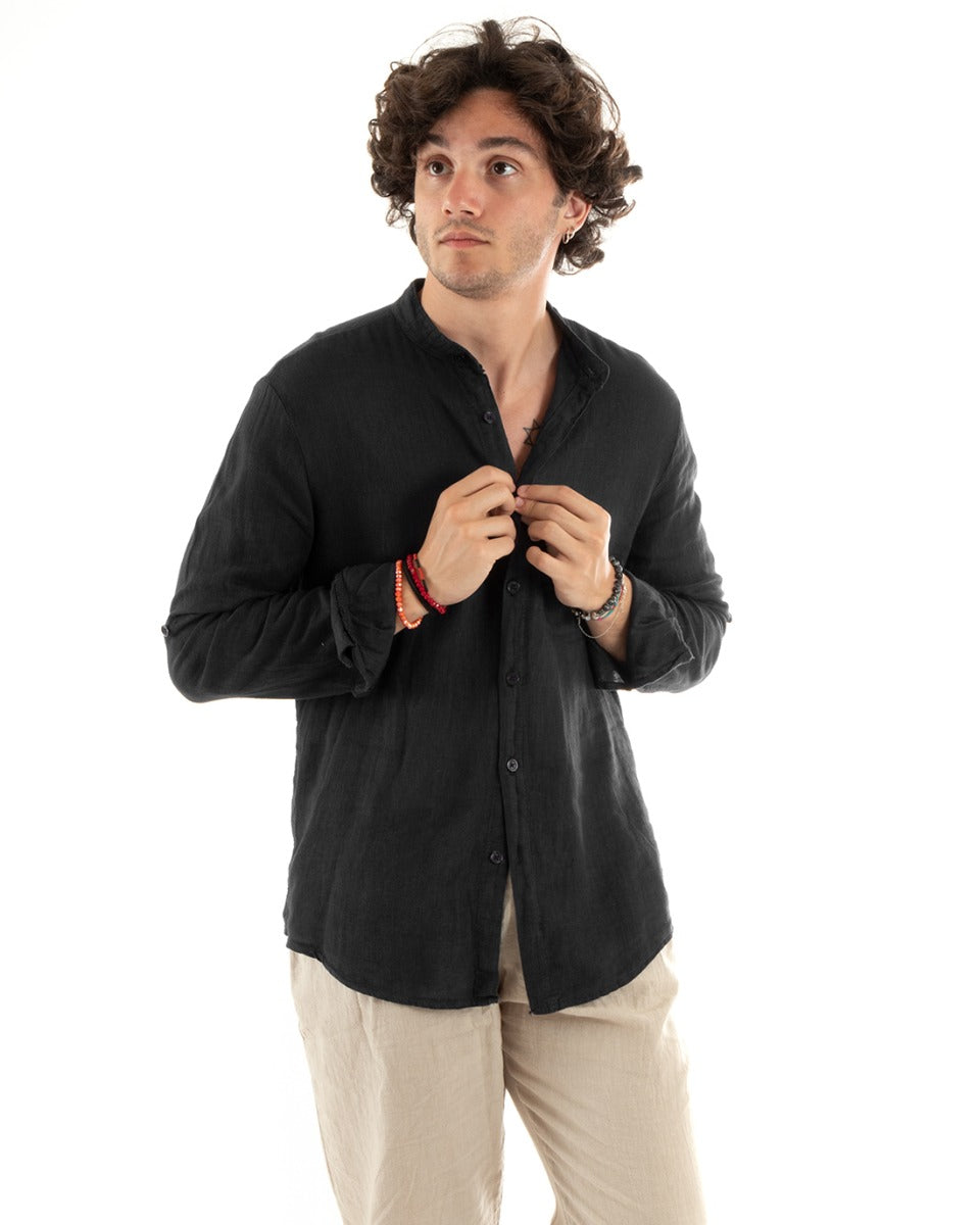Men's Mandarin Collar Slim Fit Linen Shirt Solid Color Long Sleeves Black GIOSAL-C2775A