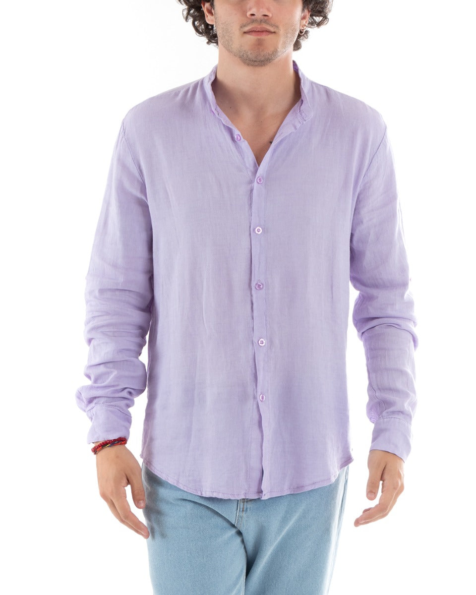 Men's Shirt Mandarin Collar Slim Fit Linen Solid Color Long Sleeves Lilac GIOSAL-C2776A
