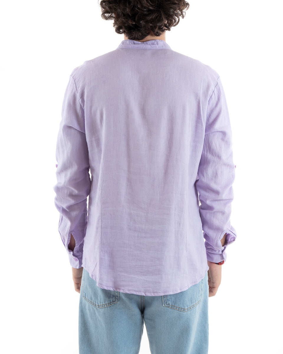 Men's Shirt Mandarin Collar Slim Fit Linen Solid Color Long Sleeves Lilac GIOSAL-C2776A