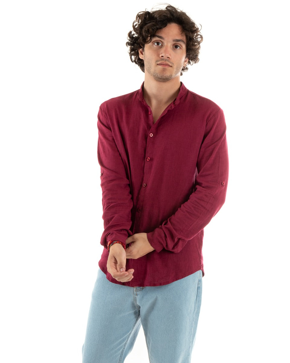 Men's Mandarin Collar Shirt Slim Fit Linen Solid Color Long Sleeves Bordeaux GIOSAL-C2777A