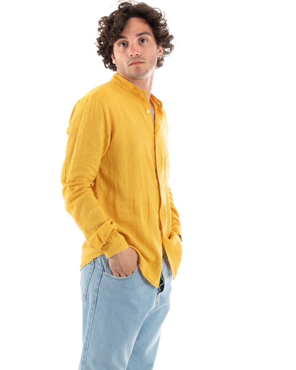 Men's Mandarin Collar Shirt Slim Fit Linen Solid Color Long Sleeves Mustard GIOSAL-C2778A