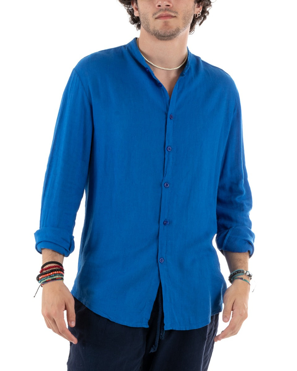 Men's Mandarin Collar Shirt Slim Fit Linen Solid Color Long Sleeves Royal Blue GIOSAL-C2779A