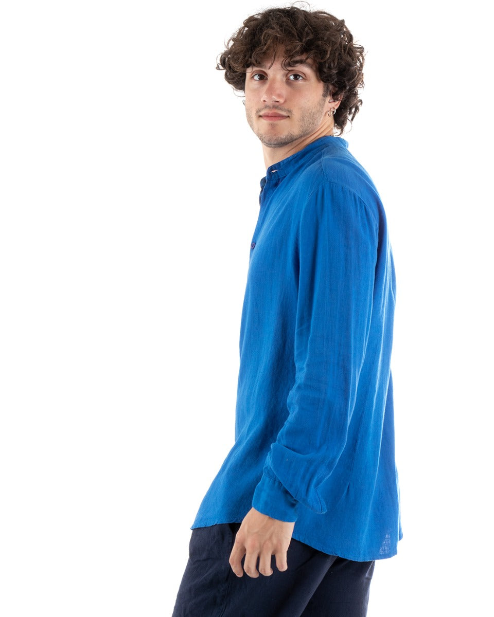 Men's Mandarin Collar Shirt Slim Fit Linen Solid Color Long Sleeves Royal Blue GIOSAL-C2779A