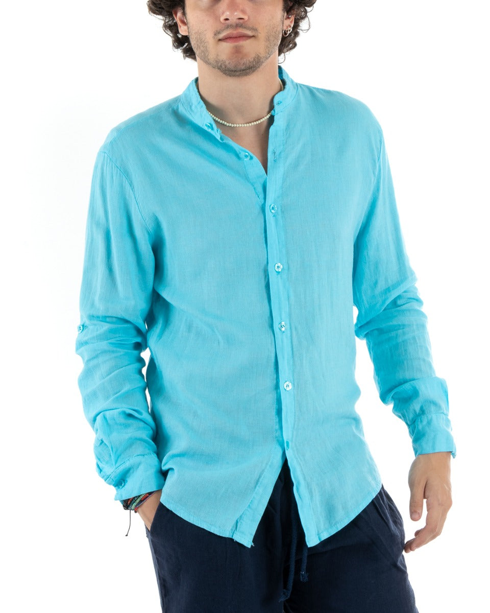 Camicia Uomo Collo Coreano Slim Fit Lino Tinta Unita Maniche Lunghe Azzurro GIOSAL-C2780A