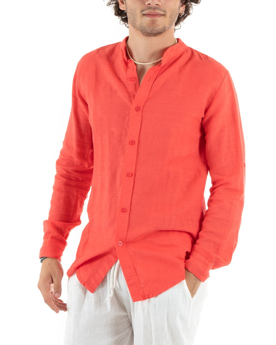 Men's Mandarin Collar Shirt Slim Fit Linen Solid Color Long Sleeves Coral GIOSAL-C2781A