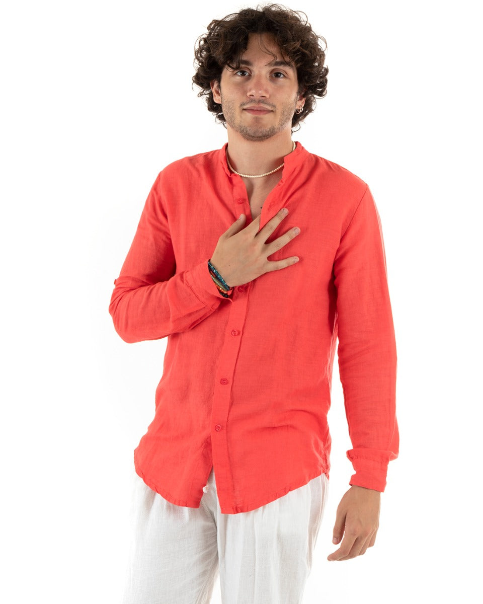 Men's Mandarin Collar Shirt Slim Fit Linen Solid Color Long Sleeves Coral GIOSAL-C2781A