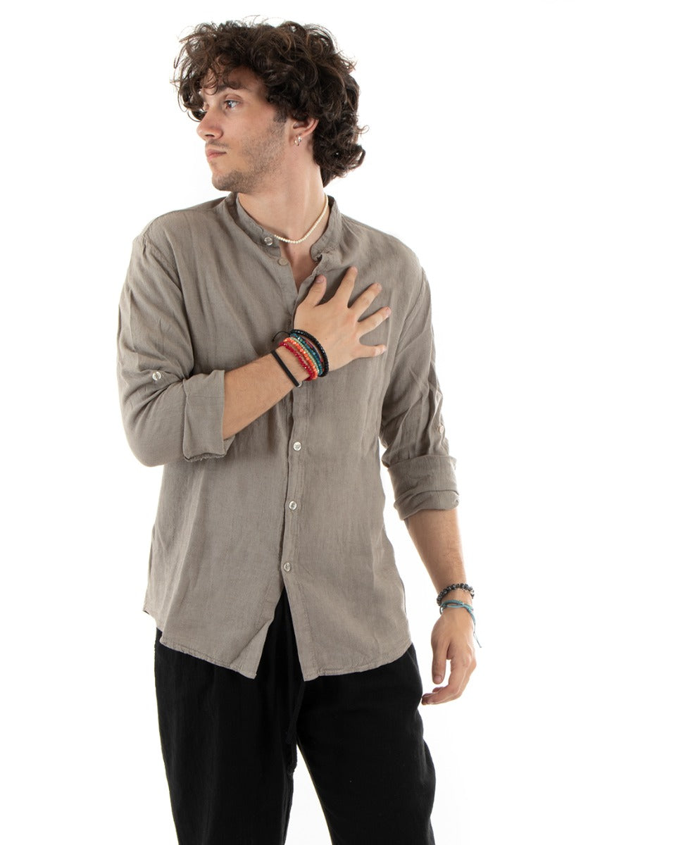 Men's Shirt Korean Collar Slim Fit Linen Solid Color Long Sleeves Mud GIOSAL-C2784A