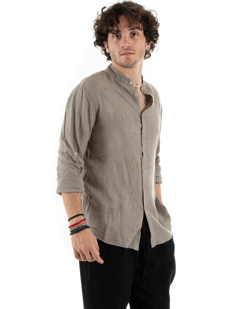 Men's Shirt Korean Collar Slim Fit Linen Solid Color Long Sleeves Mud GIOSAL-C2784A