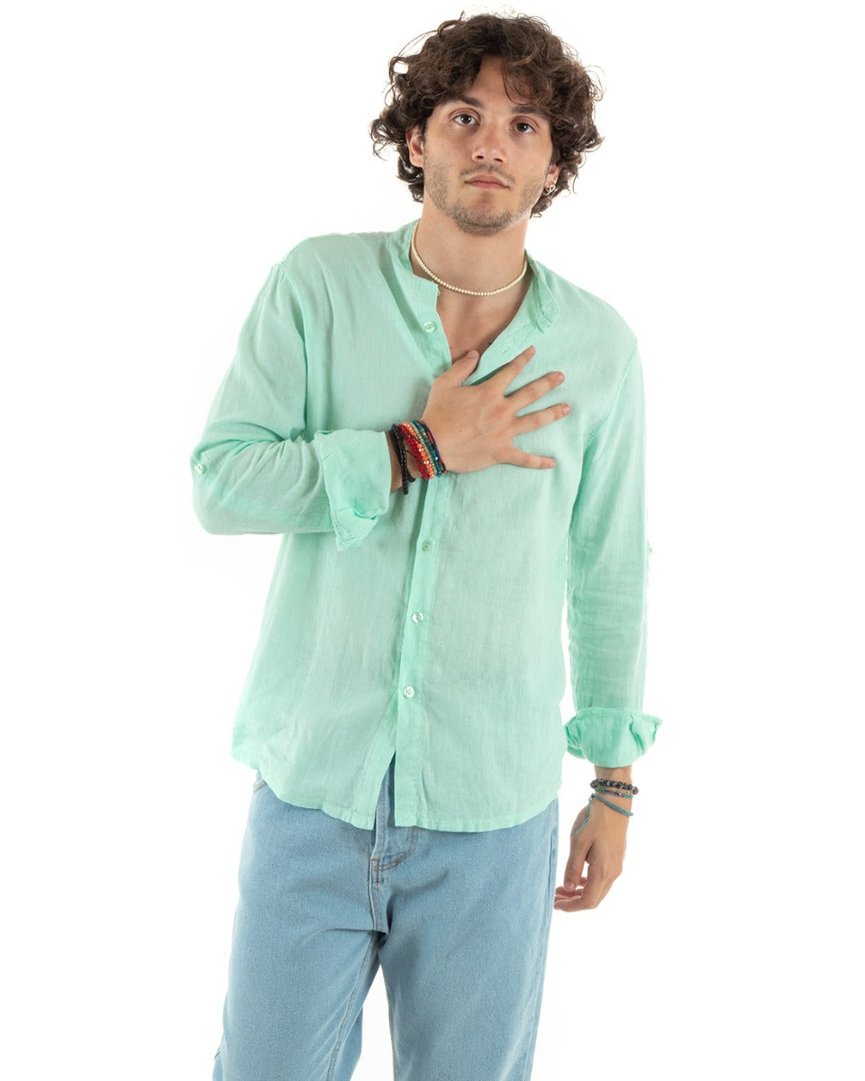 Men's Mandarin Collar Shirt Slim Fit Linen Solid Color Long Sleeves Water Green GIOSAL-C2785A