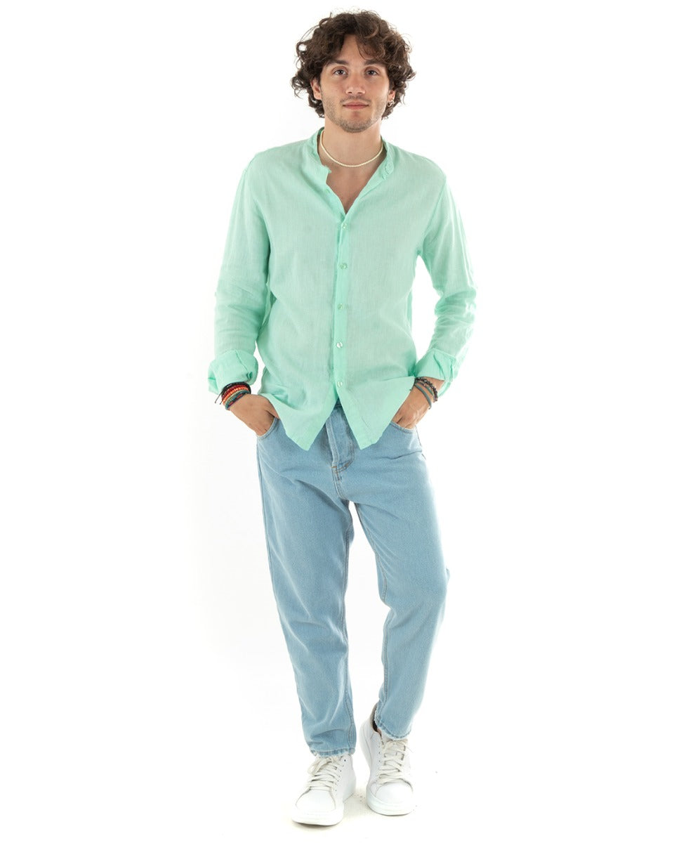 Men's Mandarin Collar Shirt Slim Fit Linen Solid Color Long Sleeves Water Green GIOSAL-C2785A
