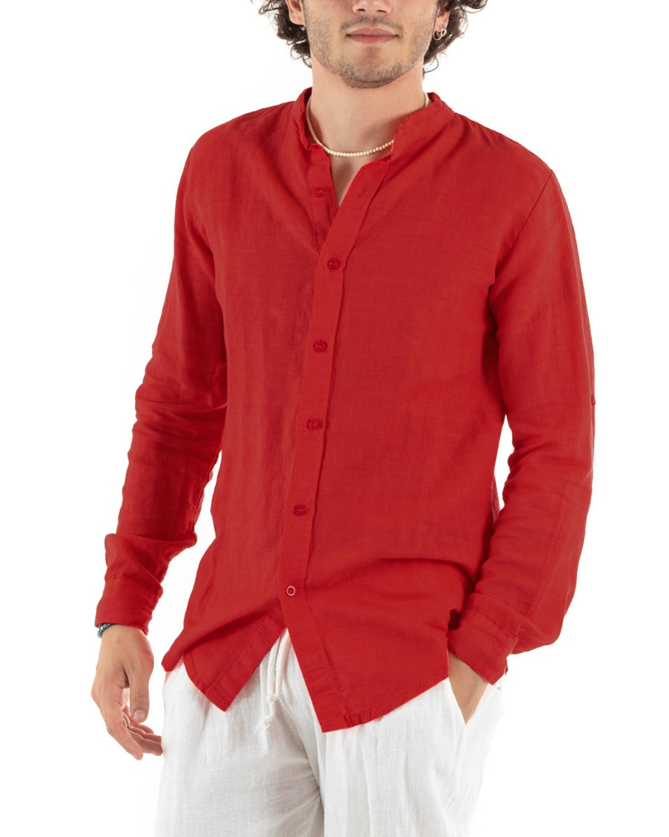 Camicia Uomo Collo Coreano Slim Fit Lino Tinta Unita Maniche Lunghe Rosso GIOSAL-C2786A