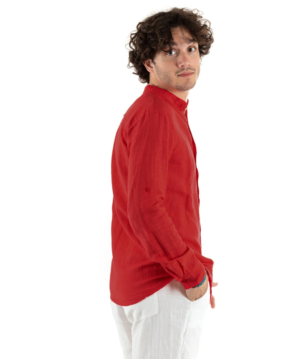 Camicia Uomo Collo Coreano Slim Fit Lino Tinta Unita Maniche Lunghe Rosso GIOSAL-C2786A