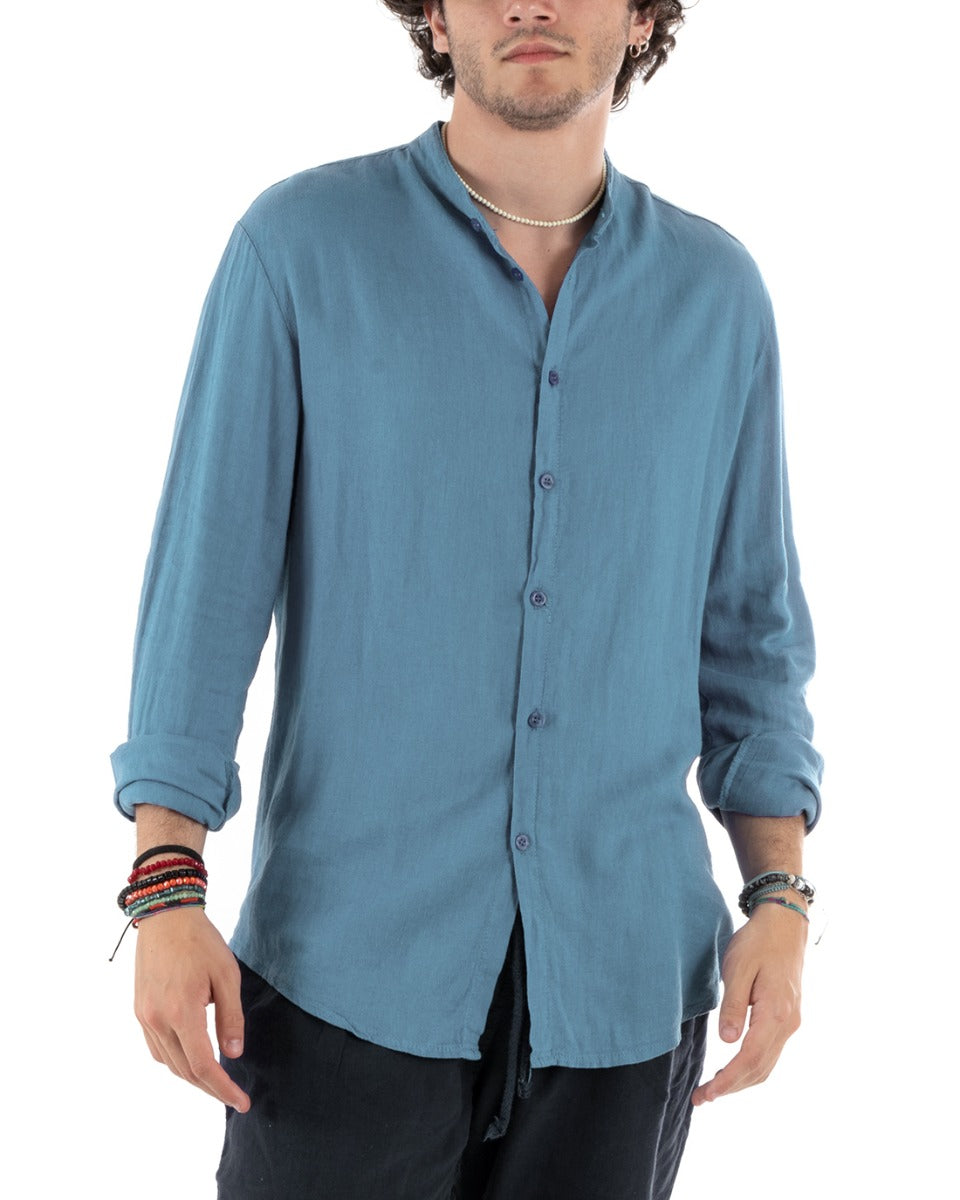 Men's Mandarin Collar Shirt Slim Fit Linen Solid Color Long Sleeves Light Blue GIOSAL-C2787A