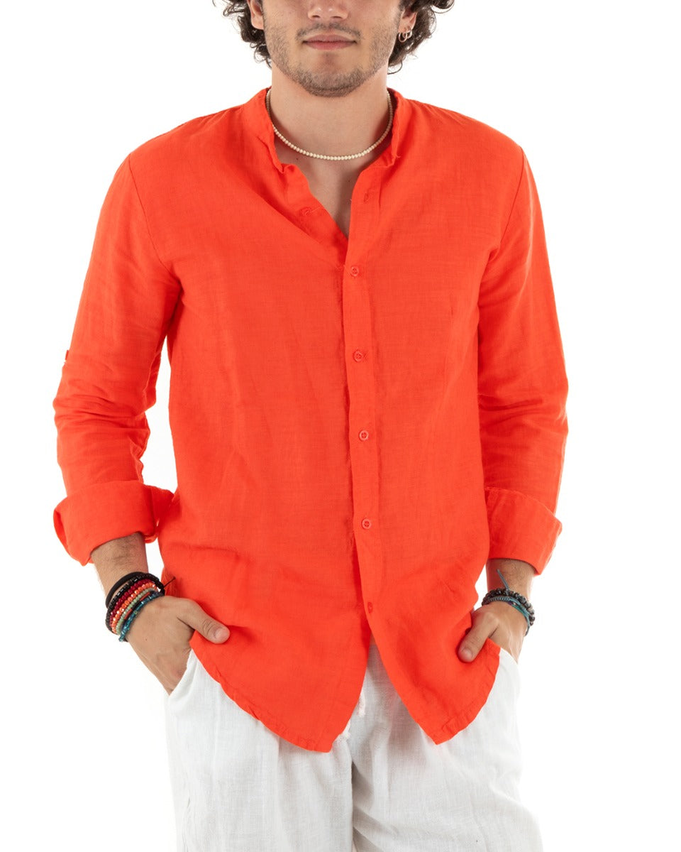 Men's Mandarin Collar Shirt Slim Fit Linen Solid Color Long Sleeves Orange GIOSAL-C2788A