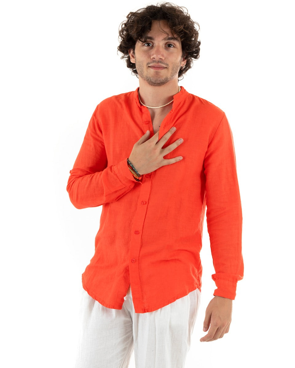 Men's Mandarin Collar Shirt Slim Fit Linen Solid Color Long Sleeves Orange GIOSAL-C2788A