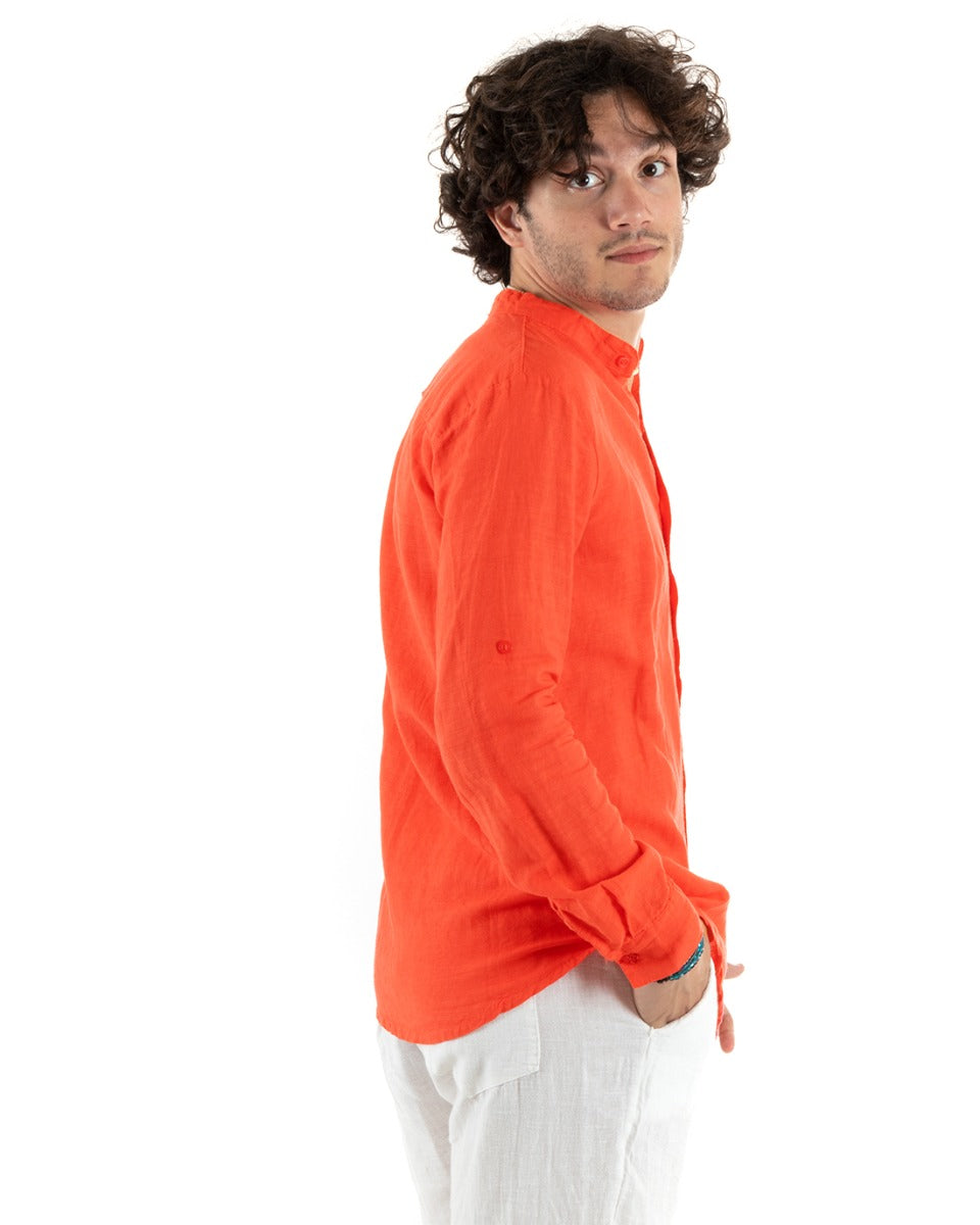 Camicia Uomo Collo Coreano Slim Fit Lino Tinta Unita Maniche Lunghe Arancione GIOSAL-C2788A