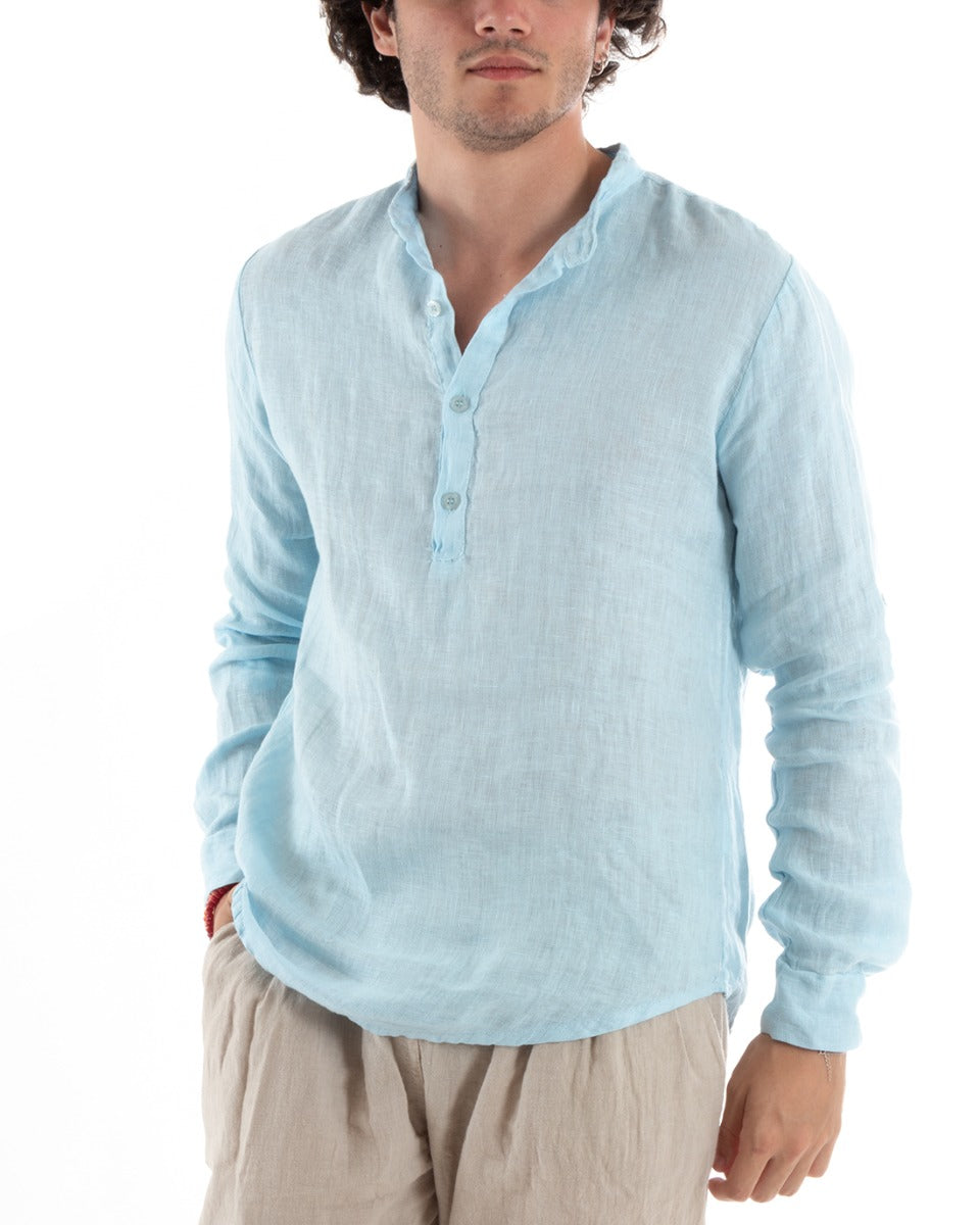Men's Linen Shirt Seraph Collar Half Button Solid Color Tunic Light Blue GIOSAL-C2789A