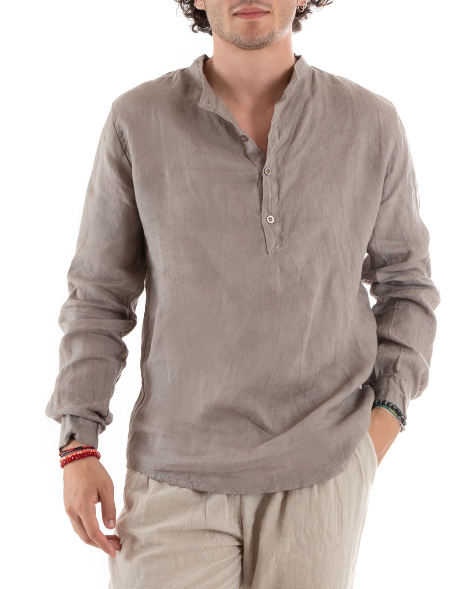 Men's Linen Shirt Seraph Collar Half Button Solid Color Coat Mud GIOSAL-C2790A