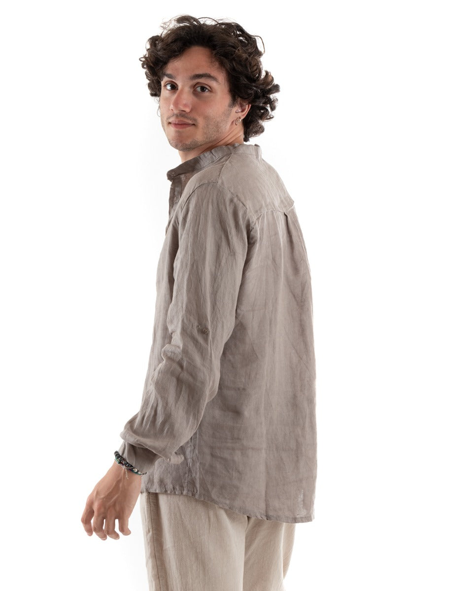 Men's Linen Shirt Seraph Collar Half Button Solid Color Coat Mud GIOSAL-C2790A