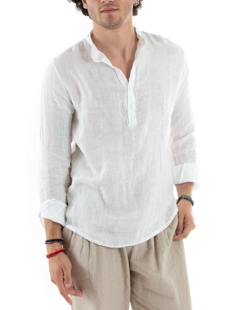 Men's Linen Shirt Seraph Collar Half Button Solid Color Tunic White GIOSAL-C2791A