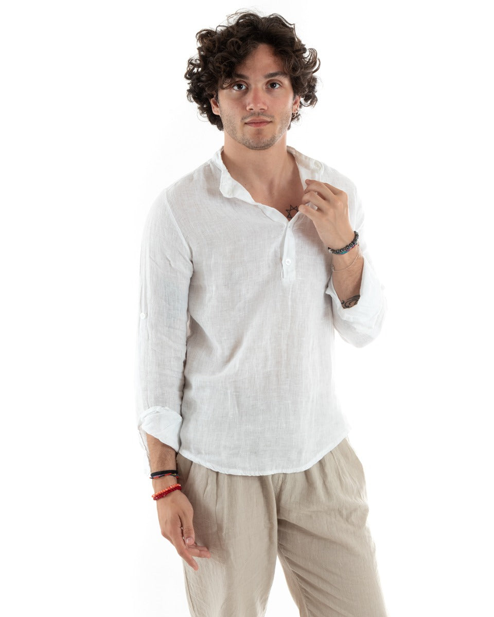 Men's Linen Shirt Seraph Collar Half Button Solid Color Tunic White GIOSAL-C2791A