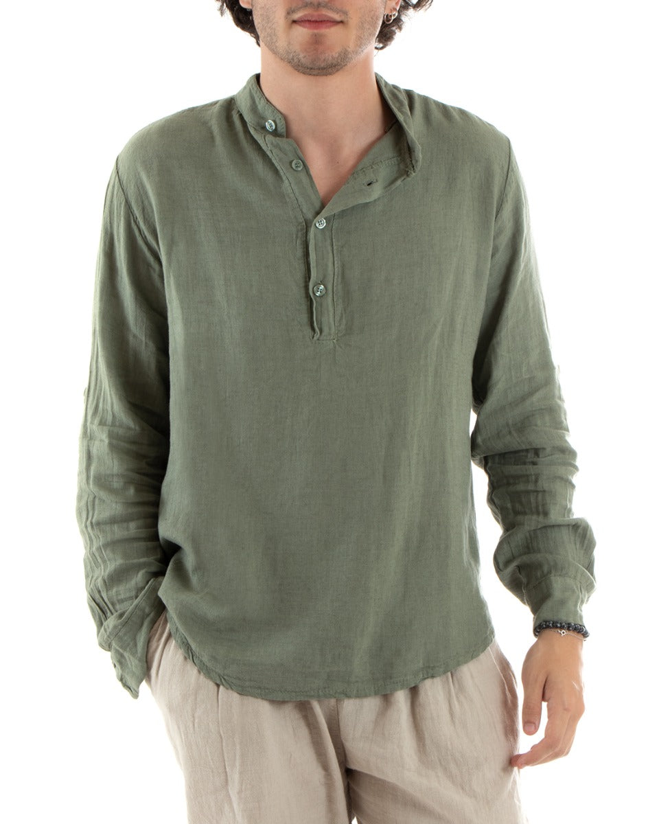 Men's Linen Shirt Seraph Collar Half Button Solid Color Tunic Green GIOSAL-C2792A