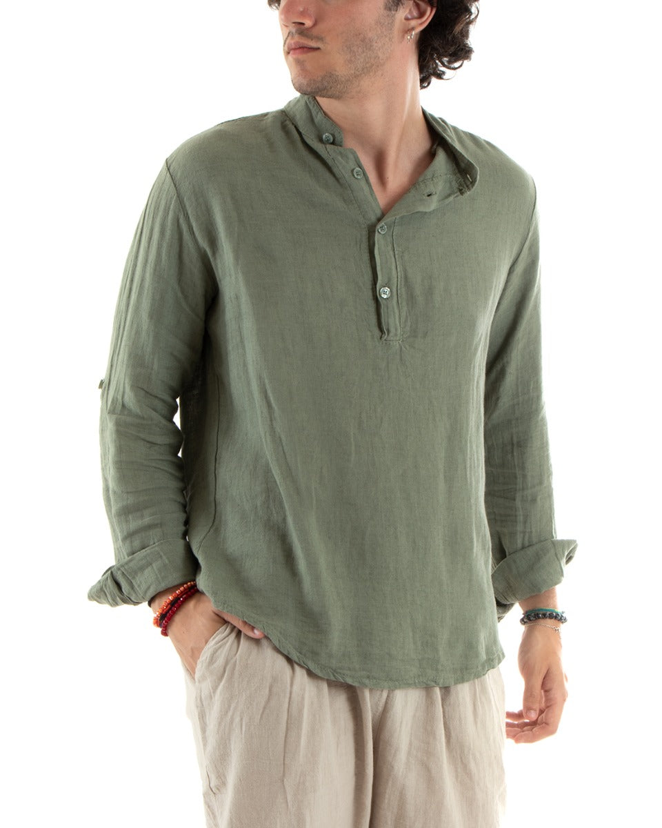 Men's Linen Shirt Seraph Collar Half Button Solid Color Tunic Green GIOSAL-C2792A