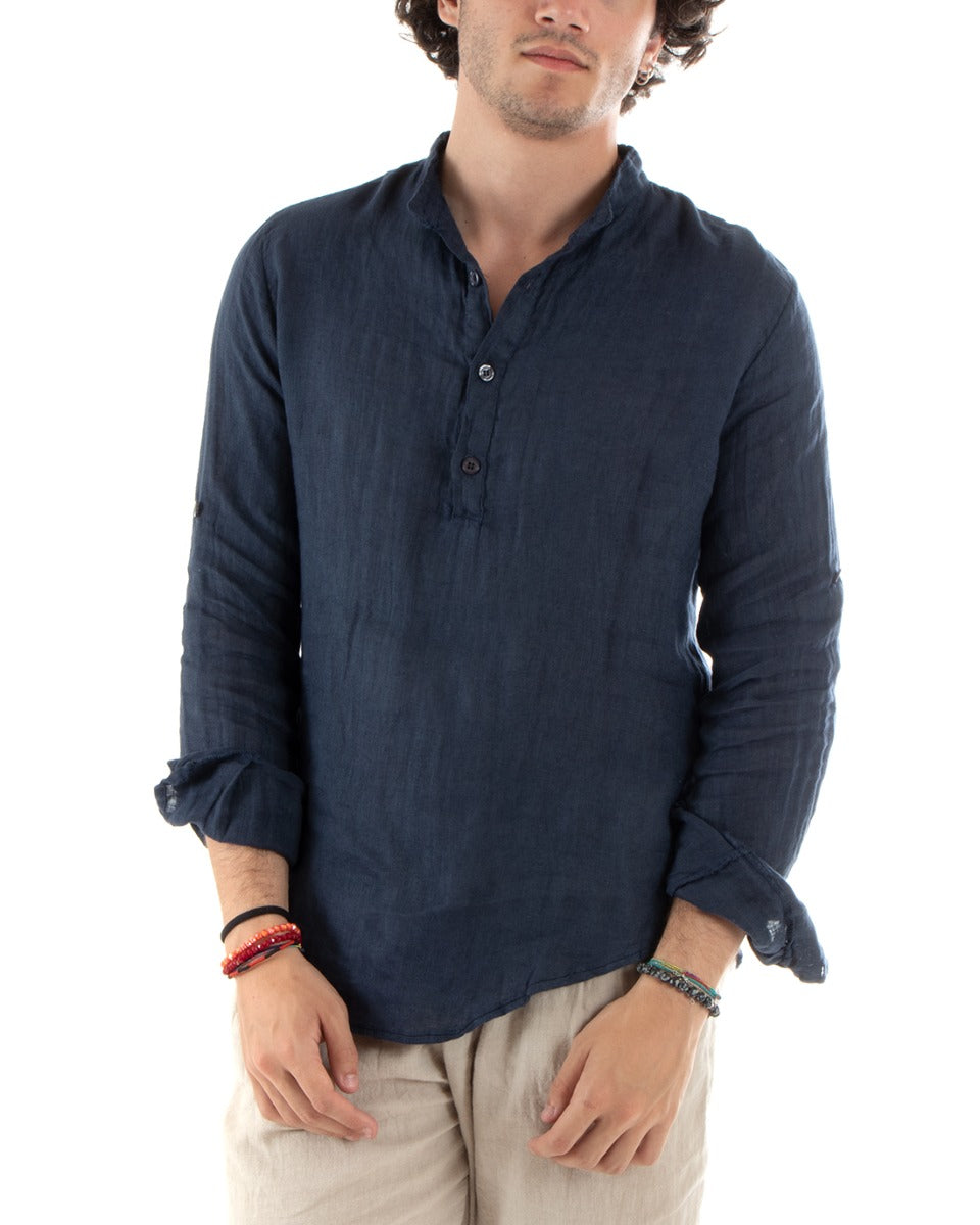 Men's Linen Shirt Seraph Collar Half Button Solid Color Tunic Blue GIOSAL-C2793A
