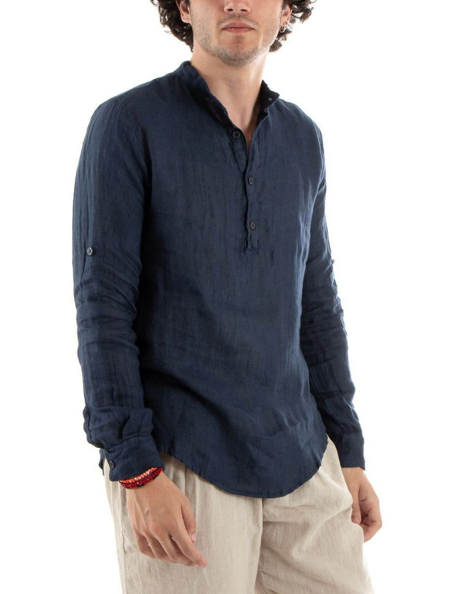 Men's Linen Shirt Seraph Collar Half Button Solid Color Tunic Blue GIOSAL-C2793A