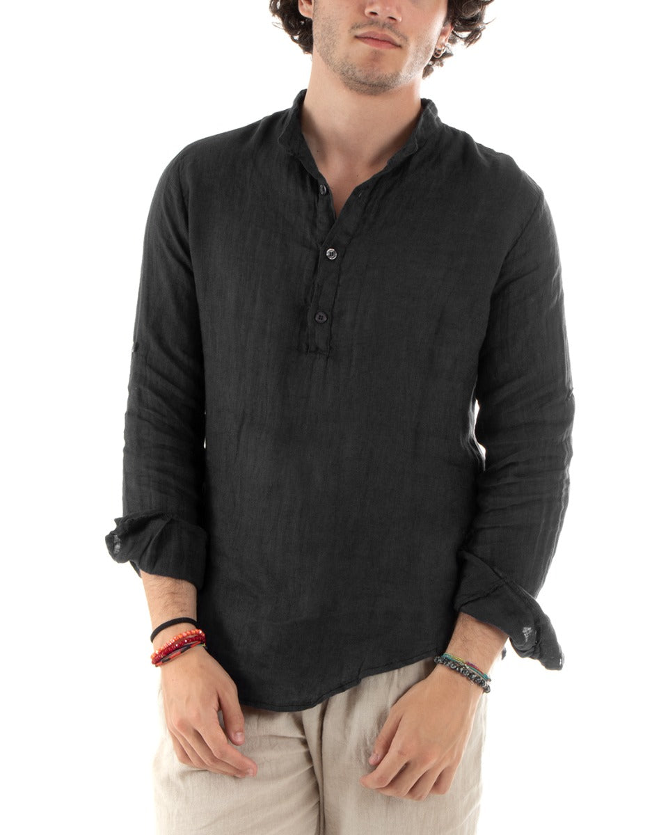 Men's Linen Shirt Seraph Collar Half Button Solid Color Coat Black GIOSAL-C2794A