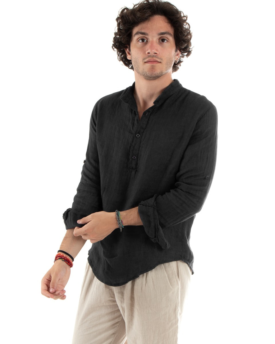 Men's Linen Shirt Seraph Collar Half Button Solid Color Coat Black GIOSAL-C2794A